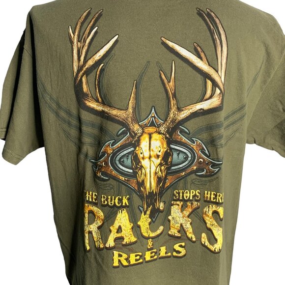 Racks Reels Crewneck Short Sleeve T Shirt L Green Double Sided Graphic Hunting - Picture 2 of 7